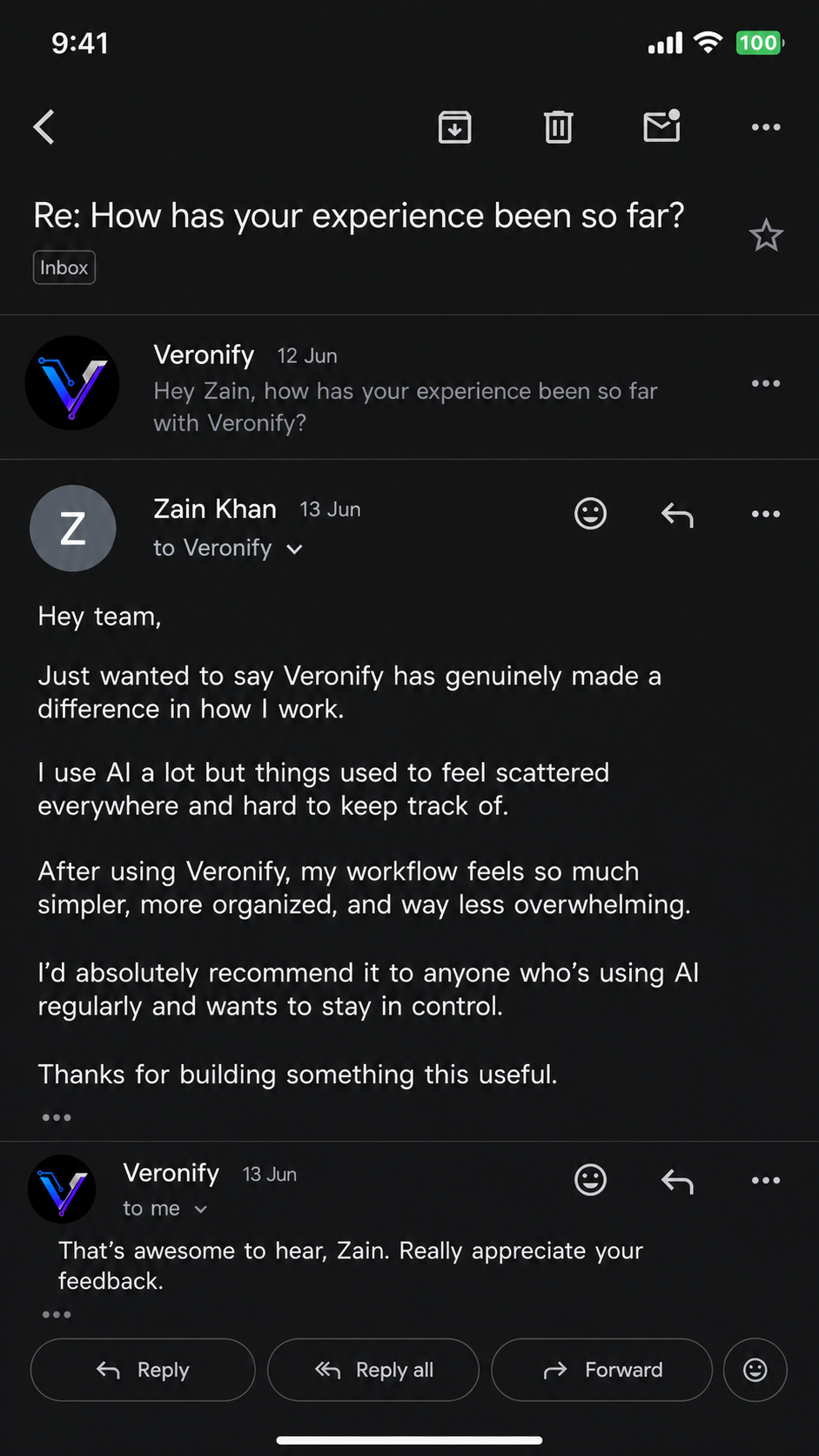 Email feedback from Zain Khan about Veronify