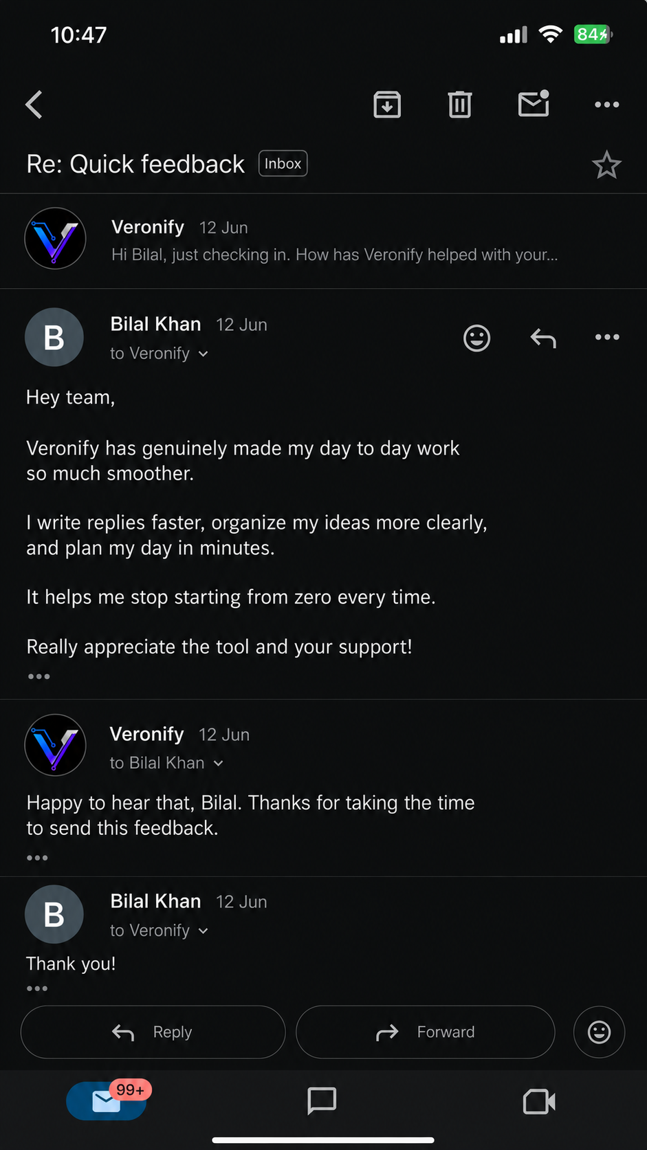 Email feedback from Bilal Khan about Veronify