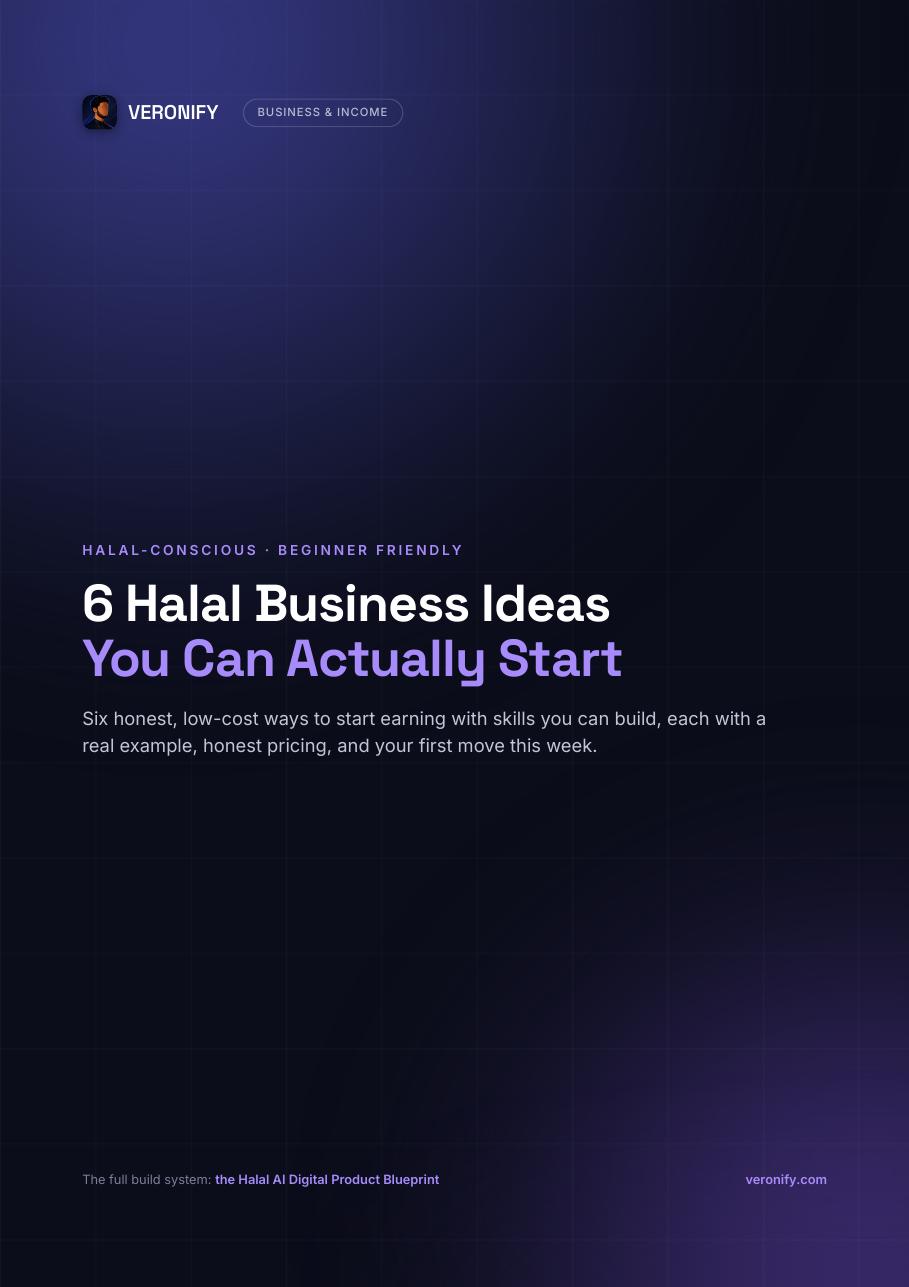 Promotional image for the Veronify ebook 6 Halal Business Ideas You Can Actually Start.