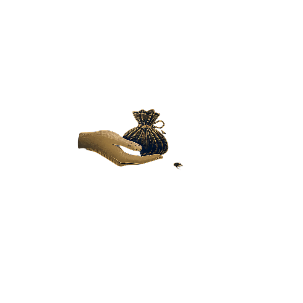 Illustration of a hand offering a bundle of goods, symbolising honest trade